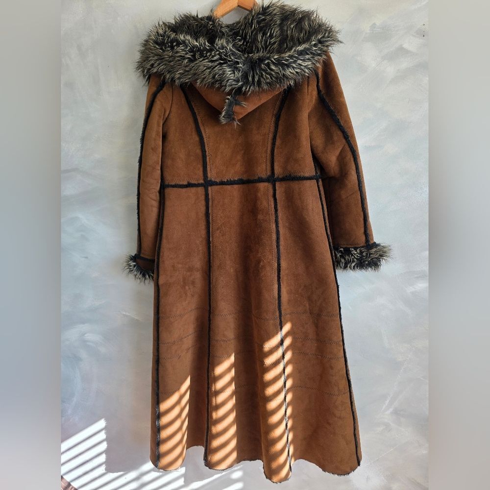 Vtg Brown Faux Suede Fur Hooded Full Length Long Afghan Penny Lane Coat Sz M - Picture 11 of 16